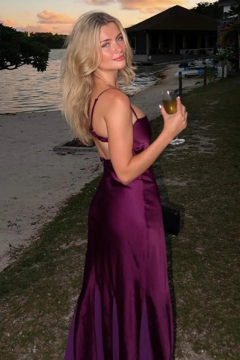 Plum Purple Spaghetti Strap Satin Evening Dresses with Open Back Chest Cutout Side Slit Floor-Length Skirt for Beach Party and Wedding Guest