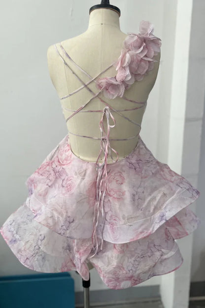 Plunge Neck Pink Floral Print Tiered Short Dress