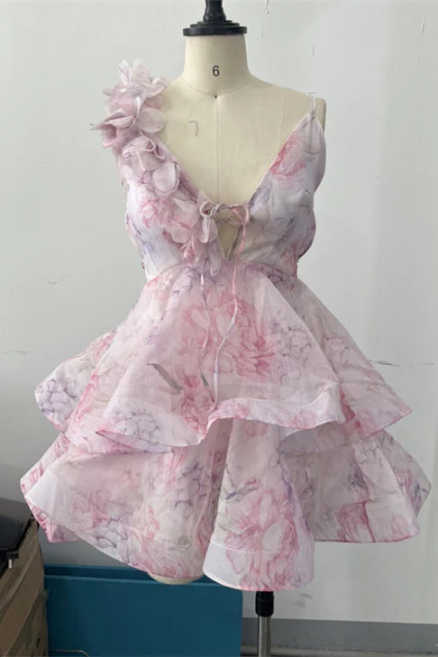 Plunge Neck Pink Floral Print Tiered Short Dress