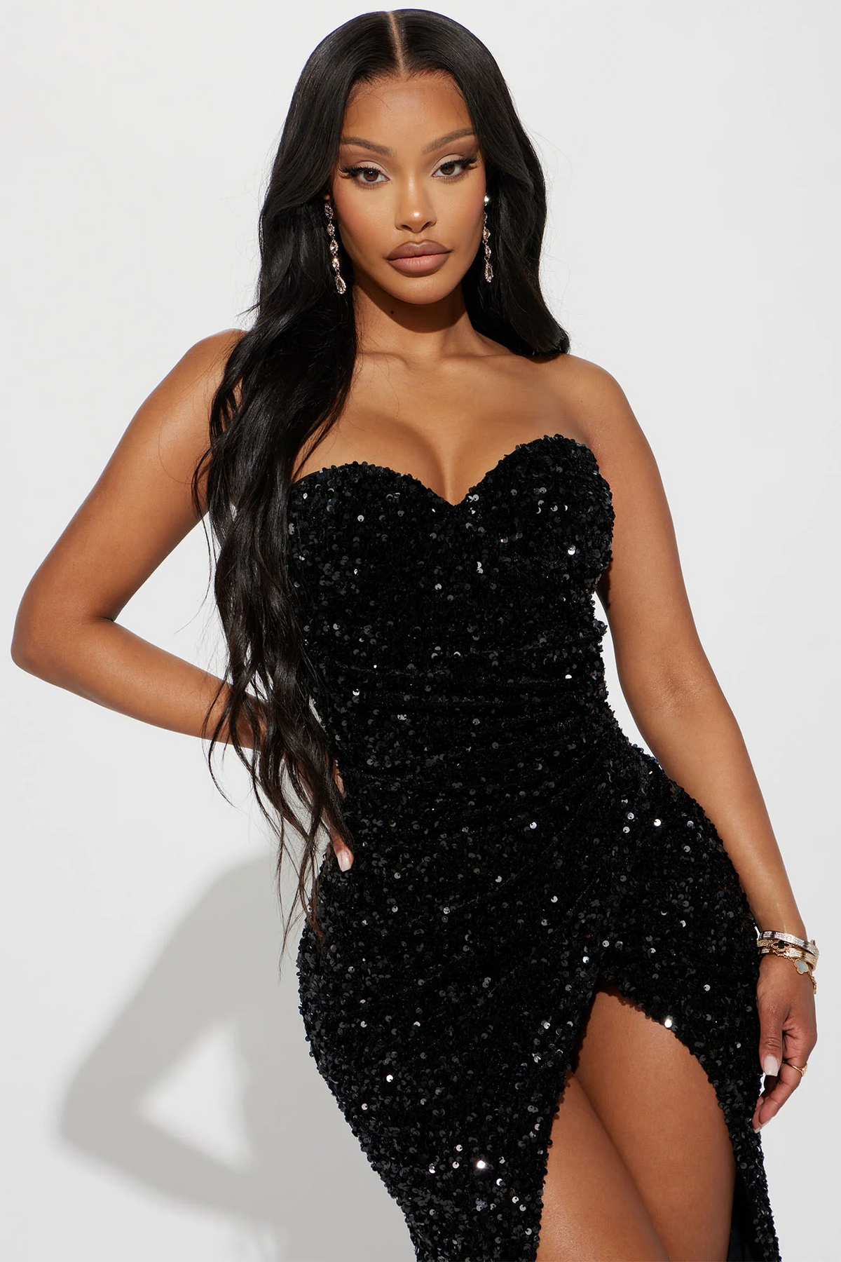 Plus Size Black Strapless Sweetheart Sequin Mermaid Gown High Slit Ruched Formal Evening Dress