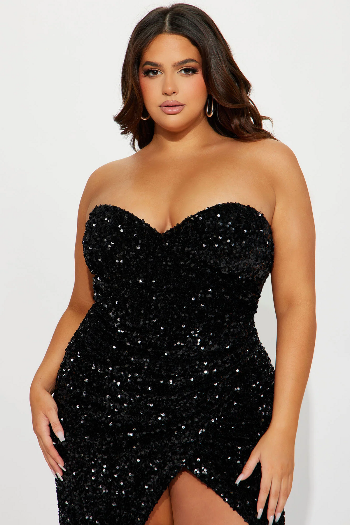 Plus Size Black Strapless Sweetheart Sequin Mermaid Gown High Slit Ruched Formal Evening Dress