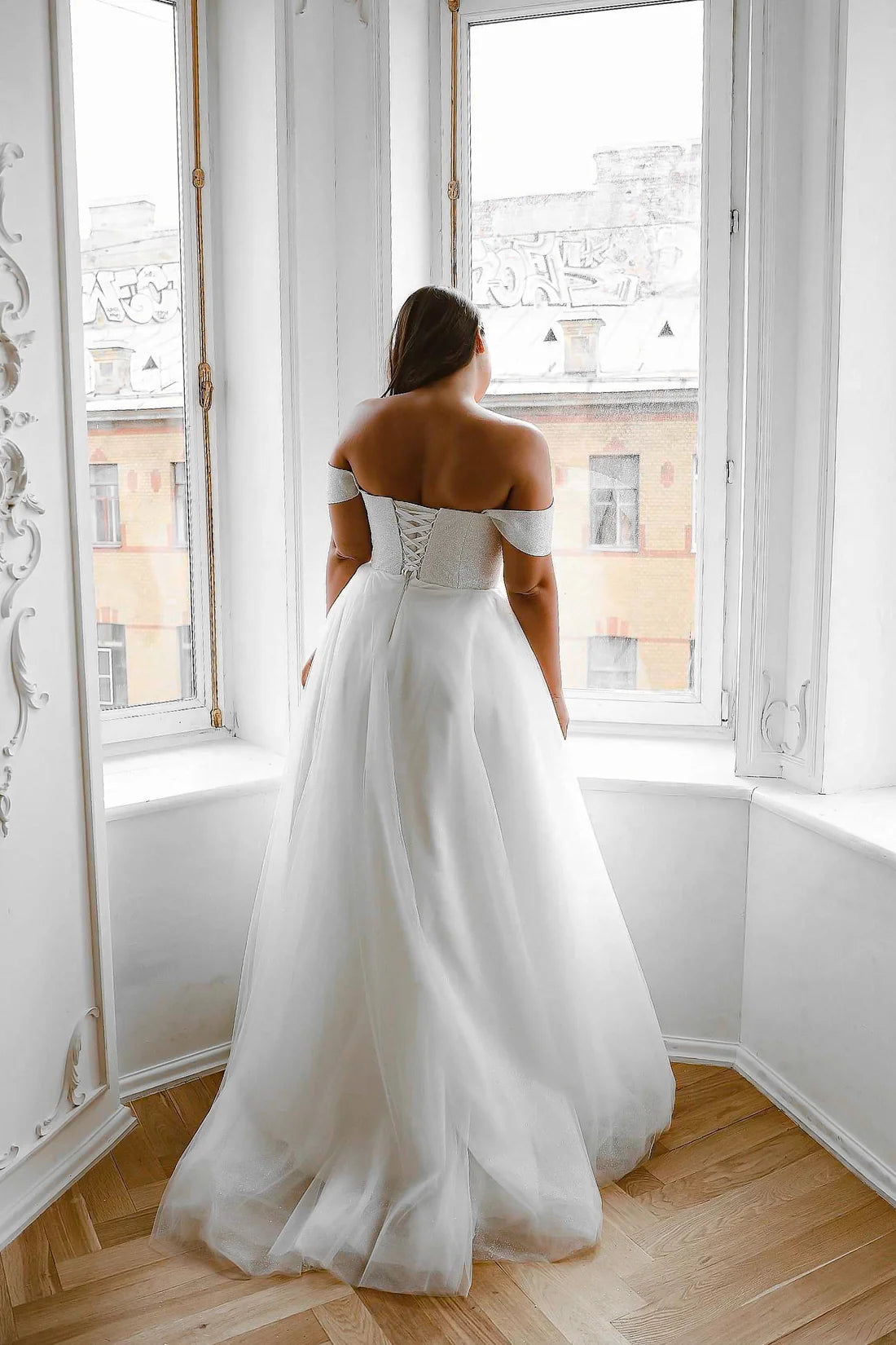 Plus Size Off Shoulder Glitter Corset Tulle Wedding Dress