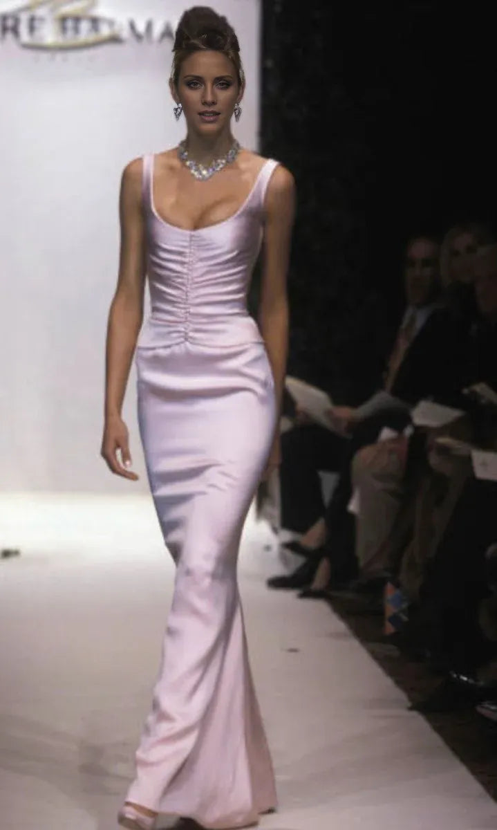 Vintage Blush Prom Dresses Square Neck with Satin Mermaid Silhouette and Ruched Bodice