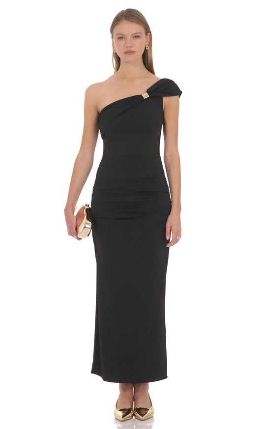 Prom Dress Black One Shoulder Maxi Dress With Ruched Waist Detail Gold Accent Floor Length Formal Evening Party Gown