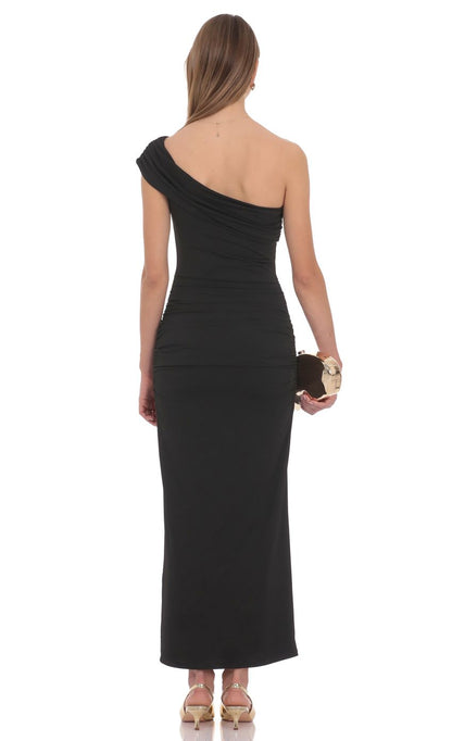 Prom Dress Black One Shoulder Maxi Dress With Ruched Waist Detail Gold Accent Floor Length Formal Evening Party Gown