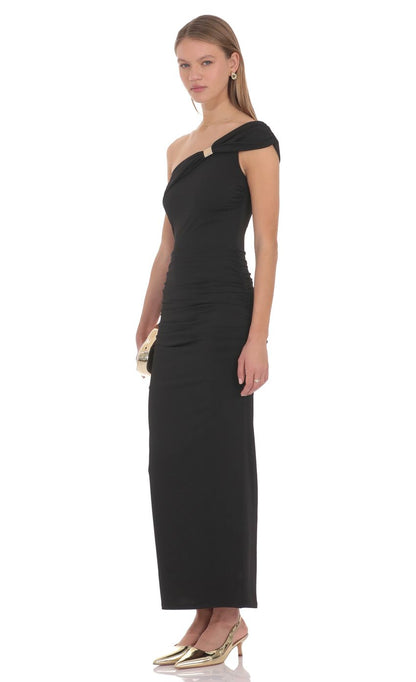 Prom Dress Black One Shoulder Maxi Dress With Ruched Waist Detail Gold Accent Floor Length Formal Evening Party Gown
