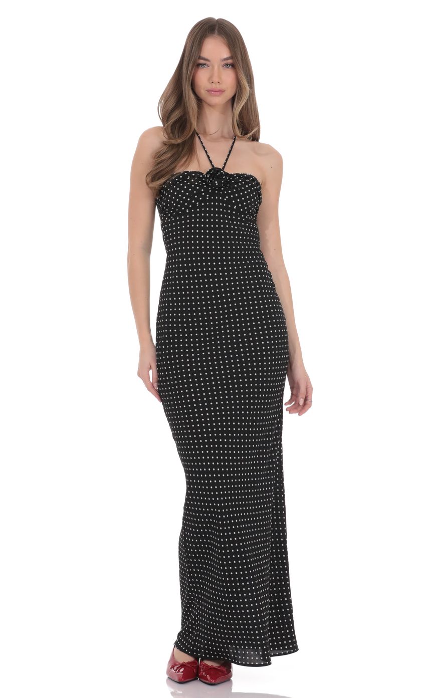 Prom Dress Black White Polka Dot Halter Neck Maxi Dress With Rosette Detail Open Back Form Fitting Formal Evening Party Gown