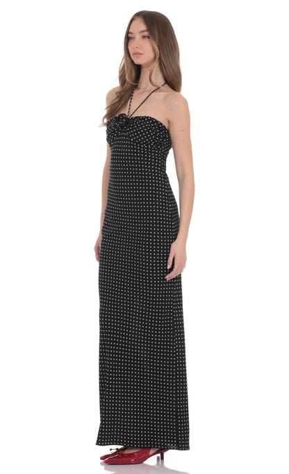 Prom Dress Black White Polka Dot Halter Neck Maxi Dress With Rosette Detail Open Back Form Fitting Formal Evening Party Gown