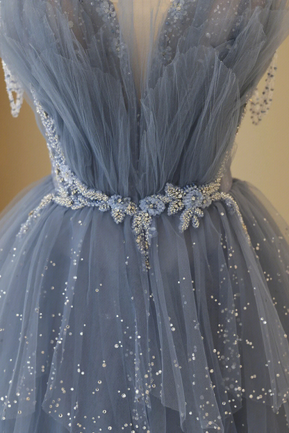 Prom Dress Blue Spaghetti Strap Tiered Tulle Maxi Dress With Sweetheart Neckline And Beaded Waist Formal Evening Party Gown