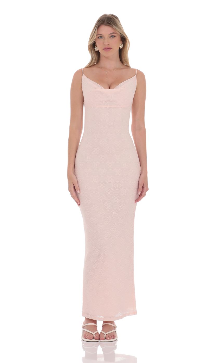 Prom Dress Blush Pink Spaghetti Strap Maxi Dress With Cowl Neckline Textured Fabric Form Fitting Formal Evening Party Gown