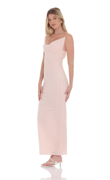Prom Dress Blush Pink Spaghetti Strap Maxi Dress With Cowl Neckline Textured Fabric Form Fitting Formal Evening Party Gown