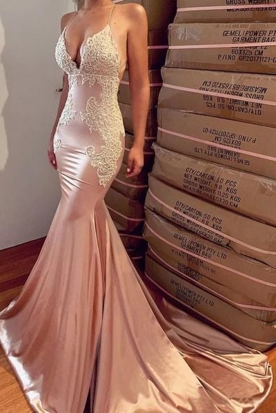 Prom Dress Blush Spaghetti Strap Mermaid Maxi Dress With Lace Applique And Open Back Formal Evening Party Gown