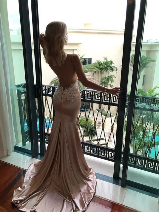 Prom Dress Blush Spaghetti Strap Mermaid Maxi Dress With Lace Applique And Open Back Formal Evening Party Gown