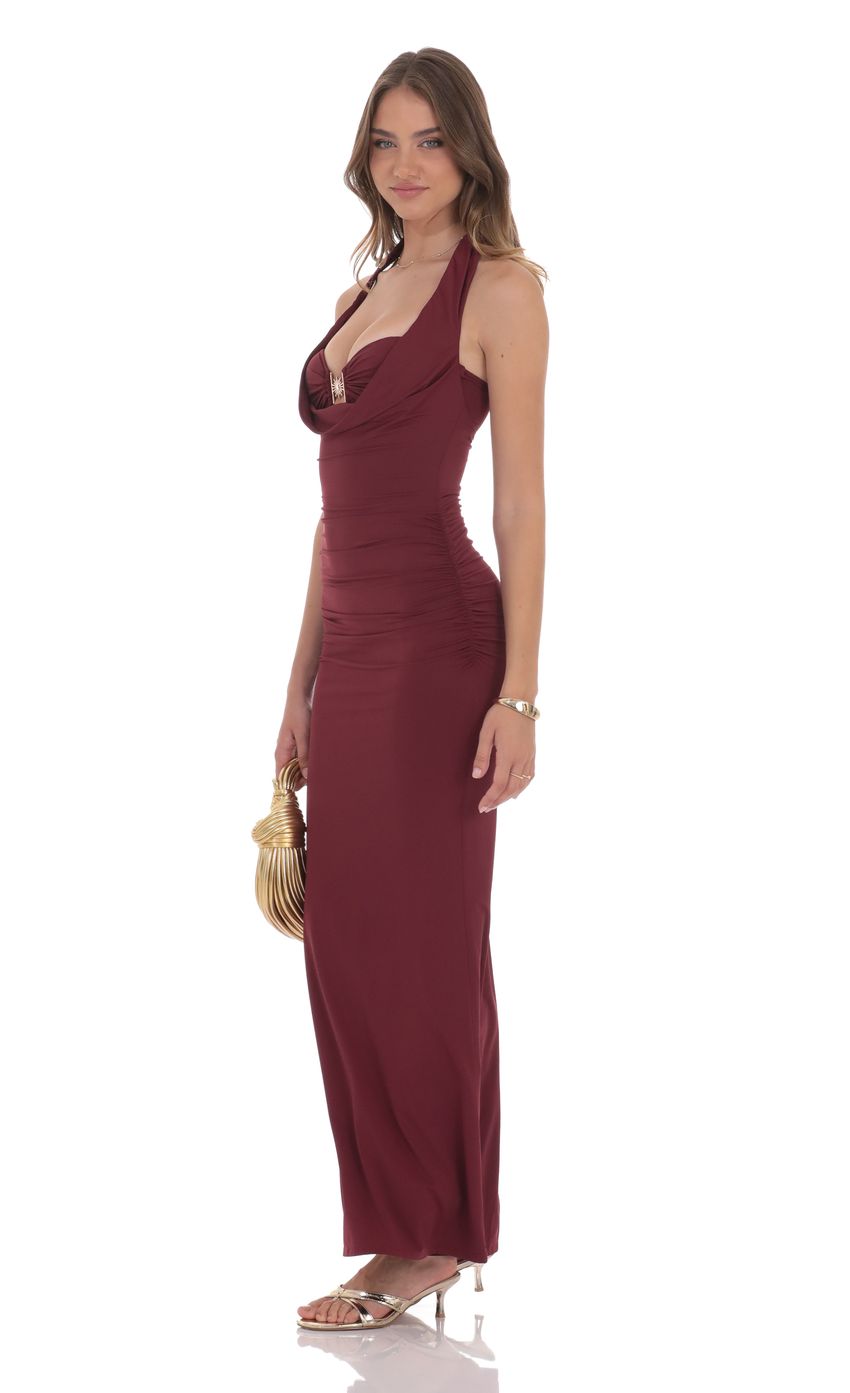 Prom Dress Burgundy Halter Neck Maxi Dress With Cowl Front Cutout Ruched Sides Open Back Form Fitting Formal Evening Party Gown