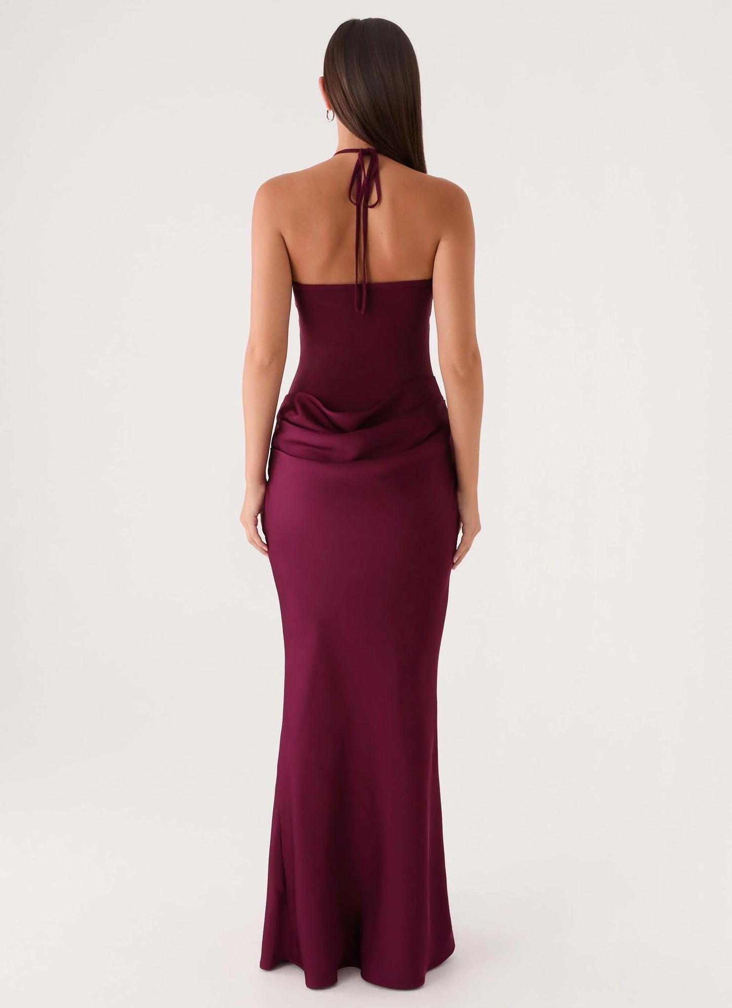 Prom Dress Burgundy Halter Neck Mermaid Maxi Dress With Keyhole Cutout Ruched Waist Open Back Formal Evening Party Gown