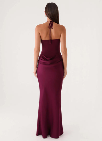 Prom Dress Burgundy Halter Neck Mermaid Maxi Dress With Keyhole Cutout Ruched Waist Open Back Formal Evening Party Gown