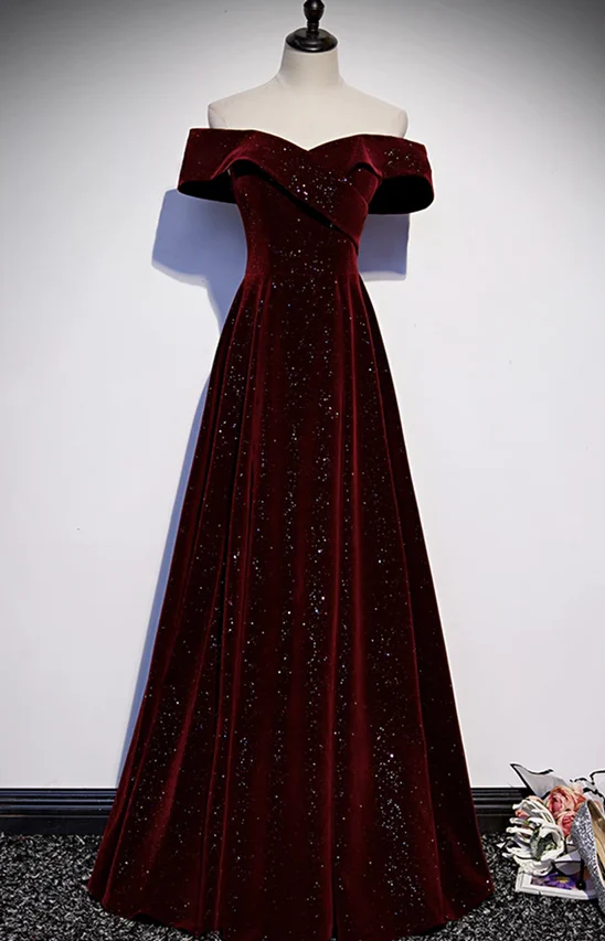 Prom Dress Burgundy Off Shoulder A Line Maxi Dress With Glitter Velvet Formal Evening Party Gown