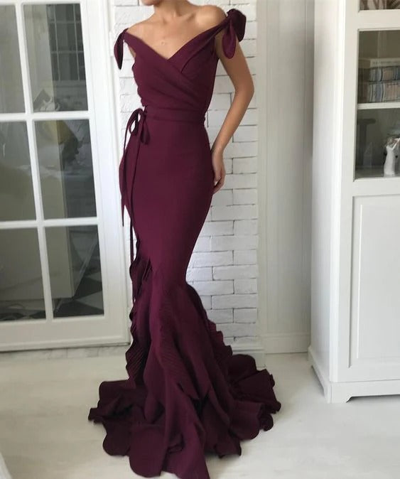 Prom Dress Burgundy Off Shoulder Mermaid Maxi Dress With Bow Tie Ruffle Train Formal Evening Party Gown