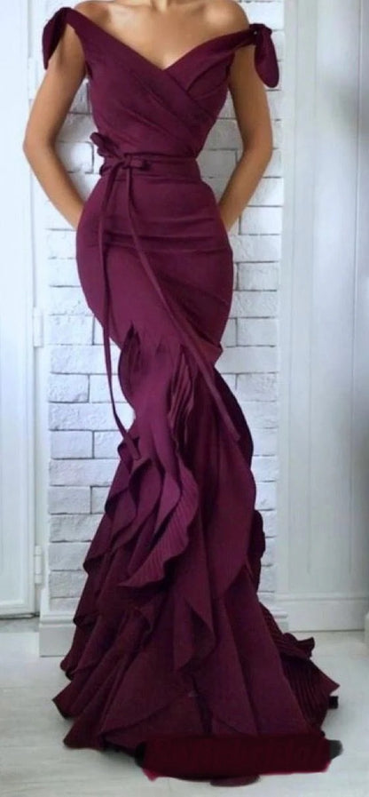 Prom Dress Burgundy Off Shoulder Mermaid Maxi Dress With Bow Tie Ruffle Train Formal Evening Party Gown