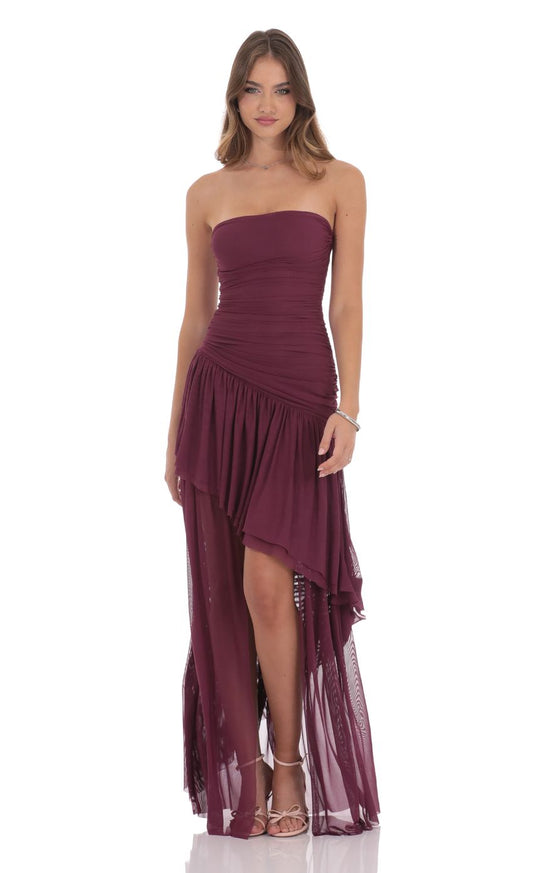 Prom Dress Burgundy Strapless Maxi Dress With Ruched Bodice Asymmetric Layered Tulle Skirt Formal Evening Party Gown