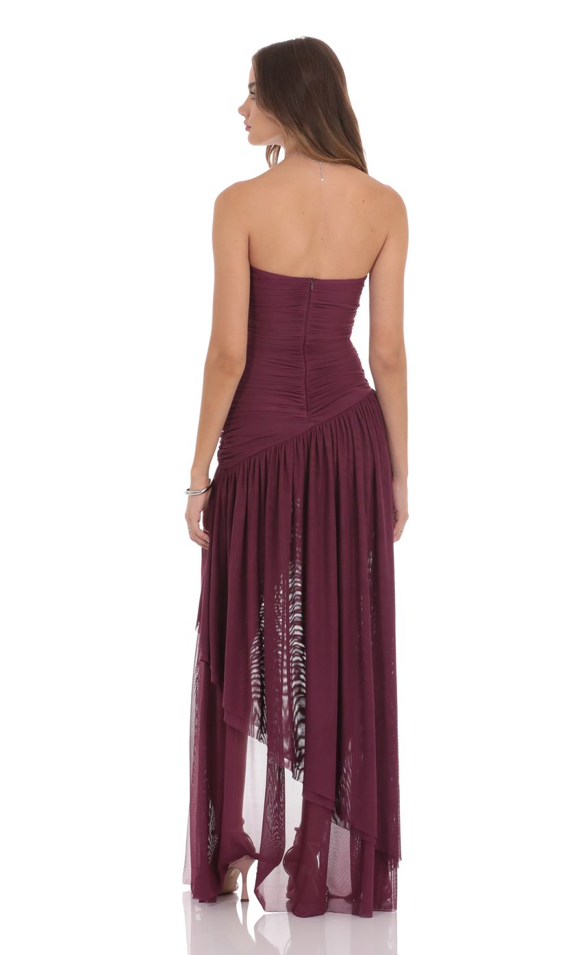 Prom Dress Burgundy Strapless Maxi Dress With Ruched Bodice Asymmetric Layered Tulle Skirt Formal Evening Party Gown