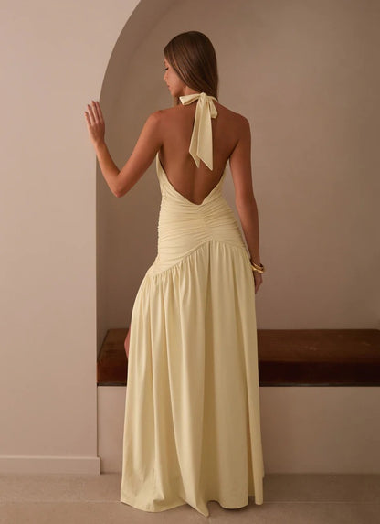 Prom Dress Cream Halter Neck Maxi Dress With Corset Bust Ruched Waist Open Back High Slit Formal Evening Party Gown