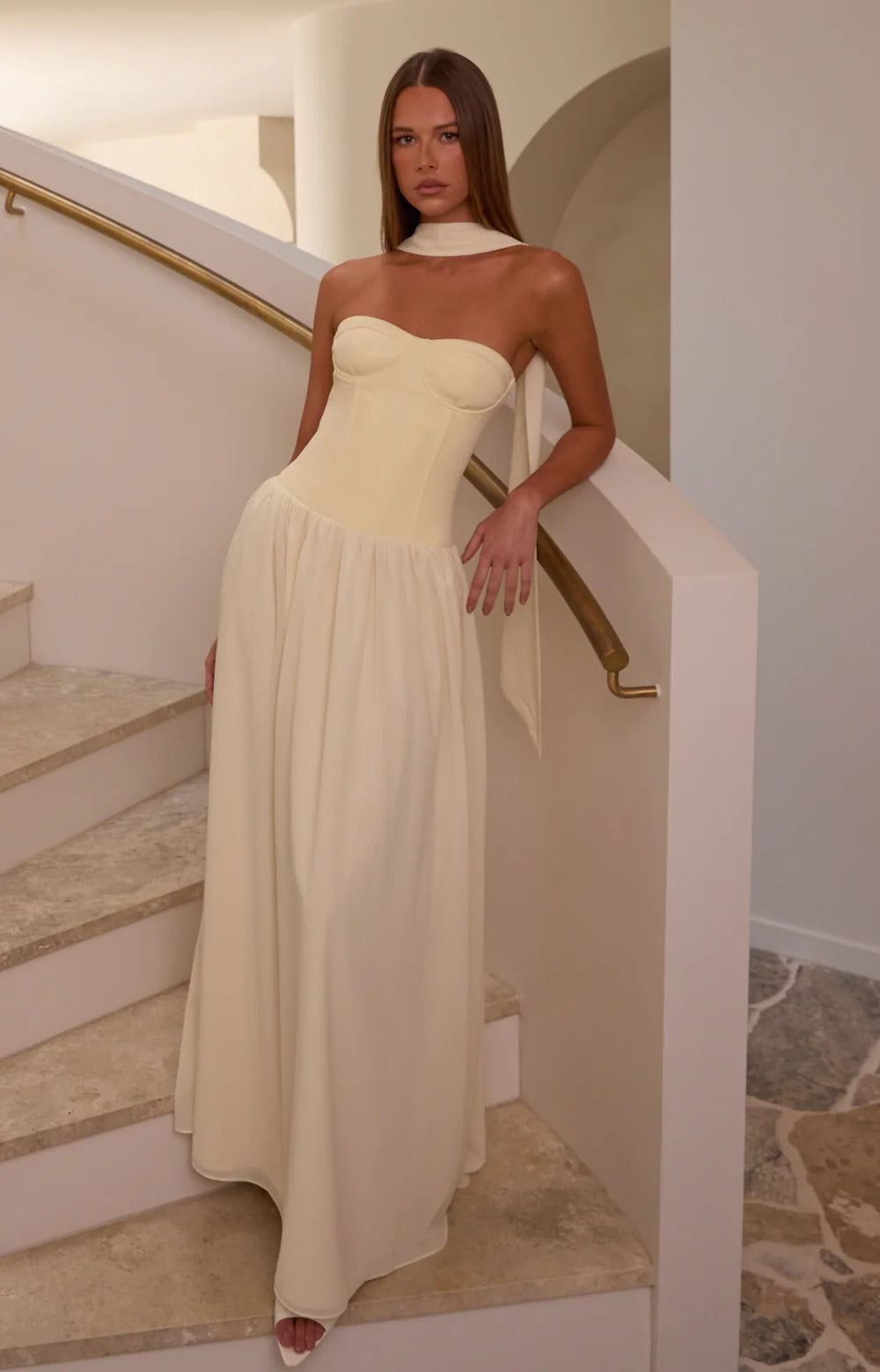 Prom Dress Cream Halter Neck Maxi Dress With Corset Bust Ruched Waist Open Back High Slit Formal Evening Party Gown