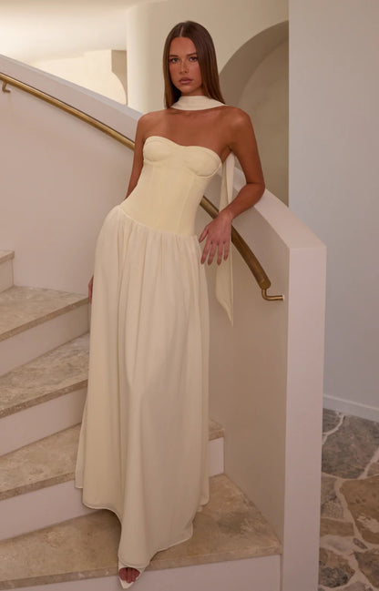 Prom Dress Cream Halter Neck Maxi Dress With Corset Bust Ruched Waist Open Back High Slit Formal Evening Party Gown