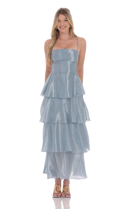 Prom Dress Dusty Blue Shimmer Tiered Maxi Dress With Spaghetti Straps Lace Up Back Ruffle Skirt Formal Evening Party Gown