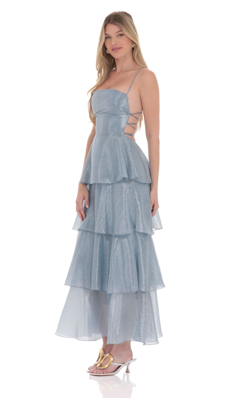 Prom Dress Dusty Blue Shimmer Tiered Maxi Dress With Spaghetti Straps Lace Up Back Ruffle Skirt Formal Evening Party Gown