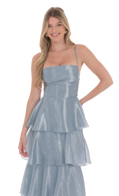 Prom Dress Dusty Blue Shimmer Tiered Maxi Dress With Spaghetti Straps Lace Up Back Ruffle Skirt Formal Evening Party Gown