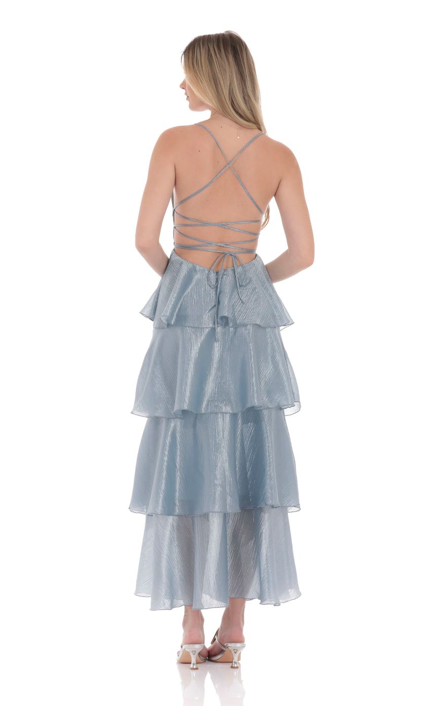 Prom Dress Dusty Blue Shimmer Tiered Maxi Dress With Spaghetti Straps Lace Up Back Ruffle Skirt Formal Evening Party Gown