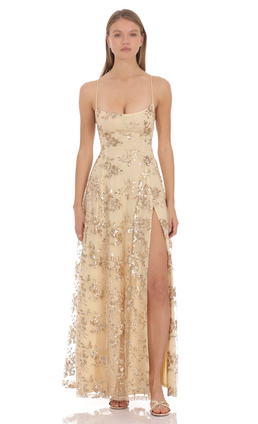 Prom Dress Gold Sequin Floral Maxi Dress With Spaghetti Straps Lace Up Back High Slit Formal Evening Party Gown