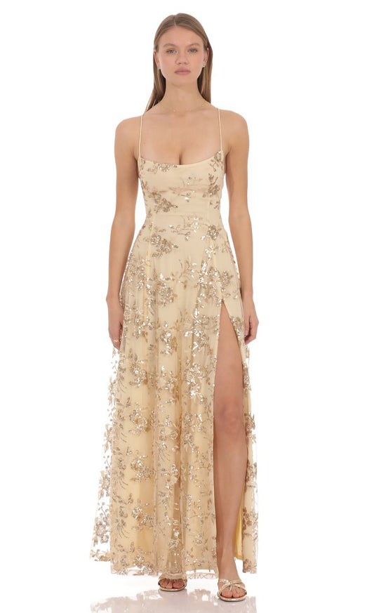 Prom Dress Gold Sequin Floral Maxi Dress With Spaghetti Straps Lace Up Back High Slit Formal Evening Party Gown