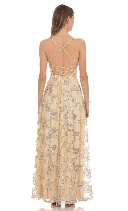 Prom Dress Gold Sequin Floral Maxi Dress With Spaghetti Straps Lace Up Back High Slit Formal Evening Party Gown