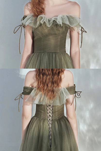 Prom Dress Green Off Shoulder A Line Tulle Maxi Dress With Ruffled Neckline Formal Evening Party Gown