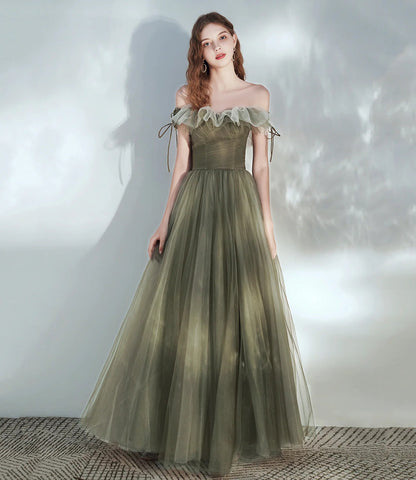 Prom Dress Green Off Shoulder A Line Tulle Maxi Dress With Ruffled Neckline Formal Evening Party Gown