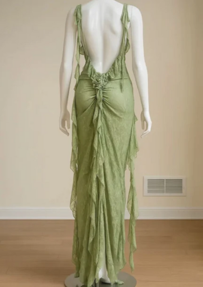 Prom Dress Green Spaghetti Strap Mermaid Maxi Dress With Cowl Neckline Asymmetrical Ruffle Backless Formal Evening Party Gown