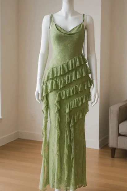 Prom Dress Green Spaghetti Strap Mermaid Maxi Dress With Cowl Neckline Asymmetrical Ruffle Backless Formal Evening Party Gown