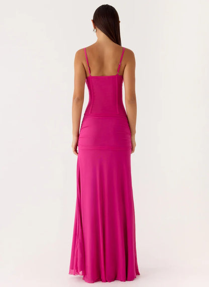 Prom Dress Hot Pink Spaghetti Strap Maxi Dress With Corset Bust Ruched Waist High Slit Formal Evening Party Gown