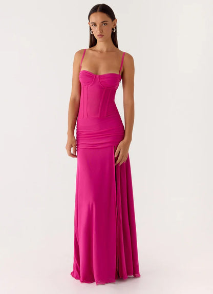 Prom Dress Hot Pink Spaghetti Strap Maxi Dress With Corset Bust Ruched Waist High Slit Formal Evening Party Gown