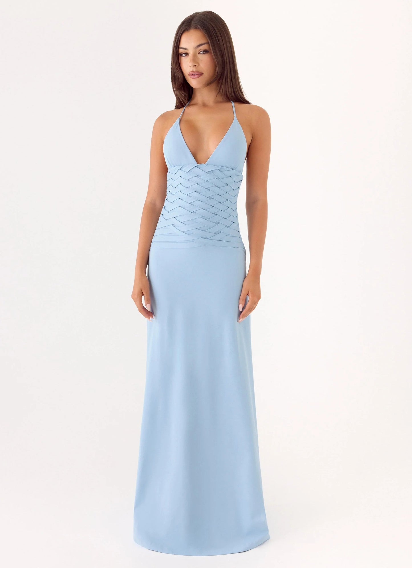 Prom Dress Light Blue Halter Neck Maxi Dress With Deep V Neckline Crisscross Waist Detail Open Back Formal Evening Party Gown