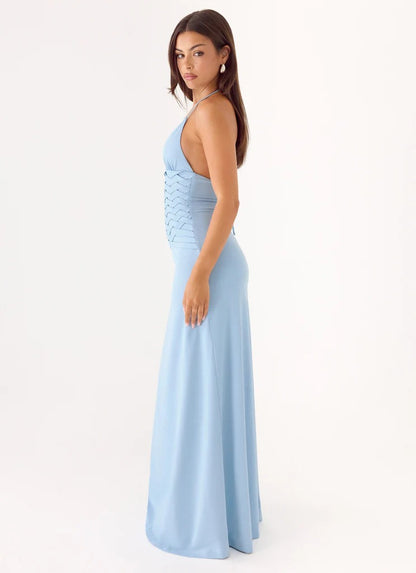 Prom Dress Light Blue Halter Neck Maxi Dress With Deep V Neckline Crisscross Waist Detail Open Back Formal Evening Party Gown