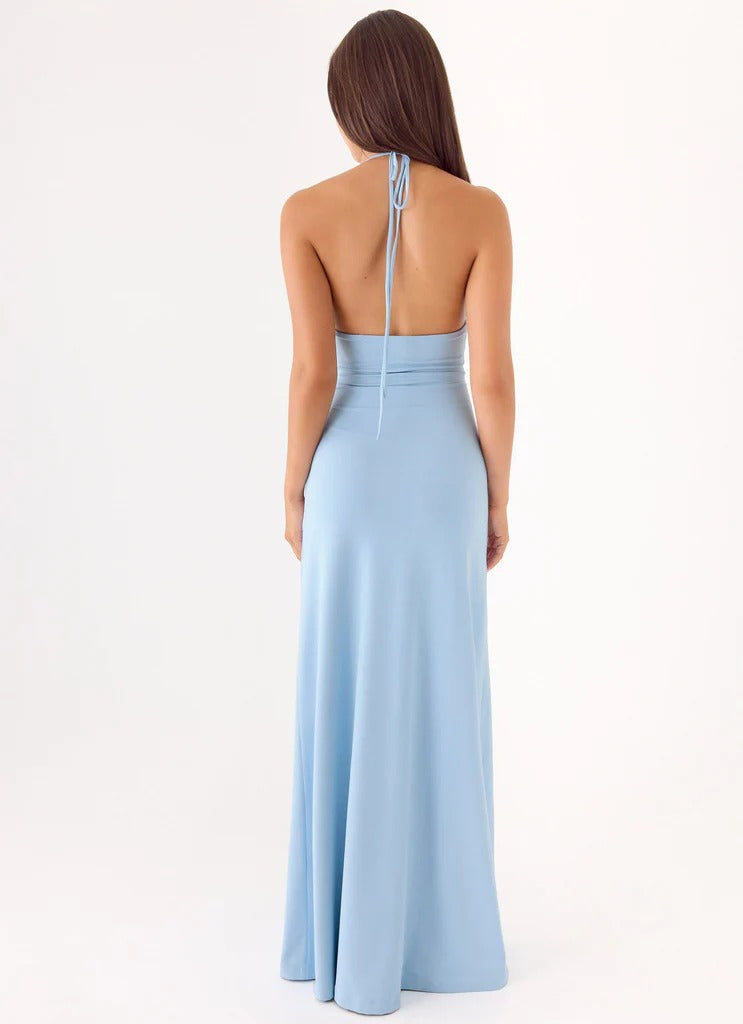 Prom Dress Light Blue Halter Neck Maxi Dress With Deep V Neckline Crisscross Waist Detail Open Back Formal Evening Party Gown