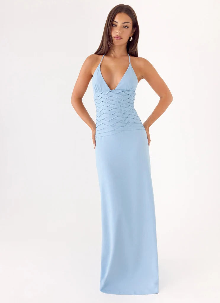 Prom Dress Light Blue Halter Neck Maxi Dress With Deep V Neckline Crisscross Waist Detail Open Back Formal Evening Party Gown