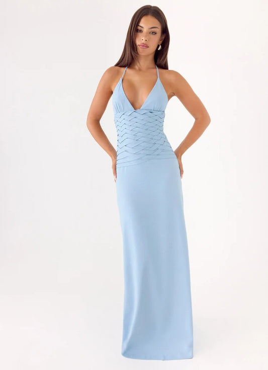 Prom Dress Light Blue Halter Neck Maxi Dress With Deep V Neckline Crisscross Waist Detail Open Back Formal Evening Party Gown