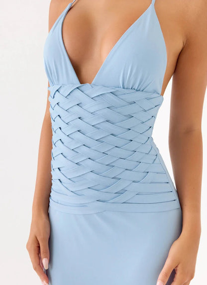 Prom Dress Light Blue Halter Neck Maxi Dress With Deep V Neckline Crisscross Waist Detail Open Back Formal Evening Party Gown