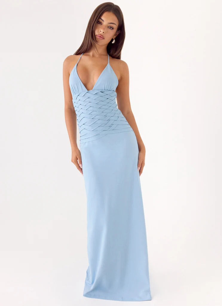 Prom Dress Light Blue Halter Neck Maxi Dress With Deep V Neckline Crisscross Waist Detail Open Back Formal Evening Party Gown