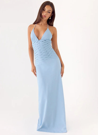 Prom Dress Light Blue Halter Neck Maxi Dress With Deep V Neckline Crisscross Waist Detail Open Back Formal Evening Party Gown