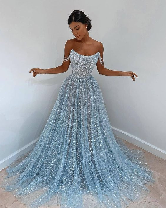 Prom Dress Light Blue Off Shoulder A Line Maxi Dress With Glitter Tulle And Pearl Chain Formal Evening Party Gown